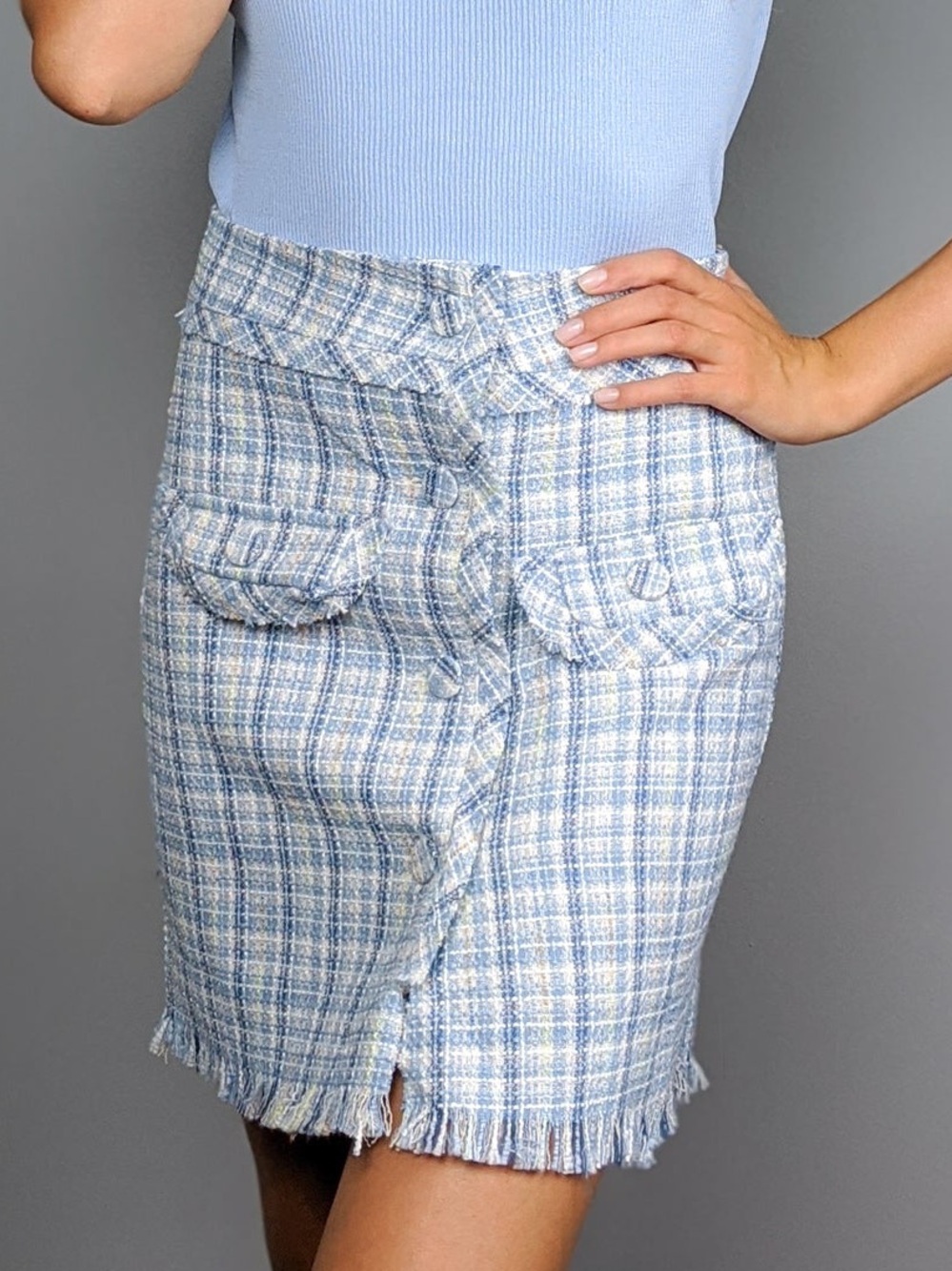 Lili Sidonio Light Blue Tweed Mini Skirt with Frayed Hem